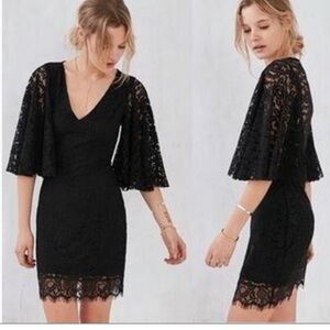 Kimchi Blue lace dress black relaxed wide bell sleeves V neck gothic body con